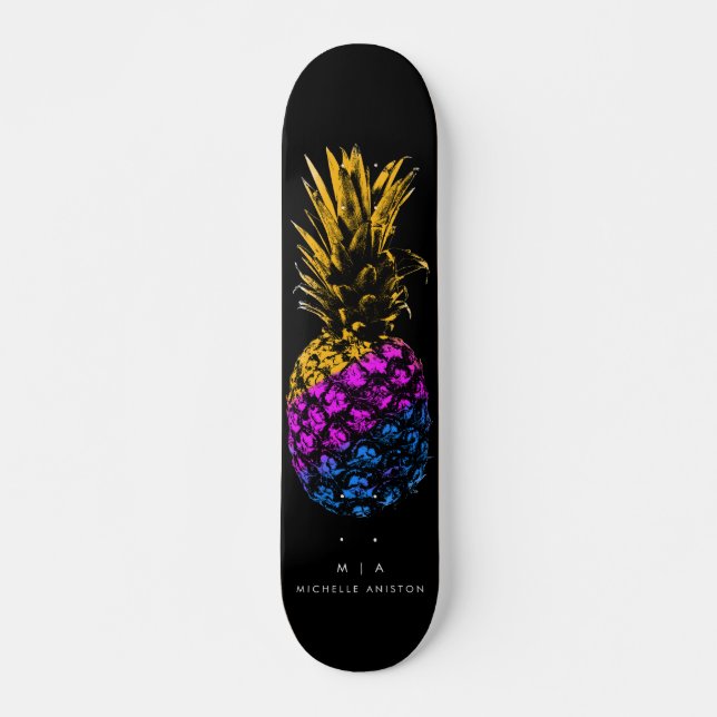 Elegant Pineapple Monogram Minimalist Custom black Skateboard (Front)
