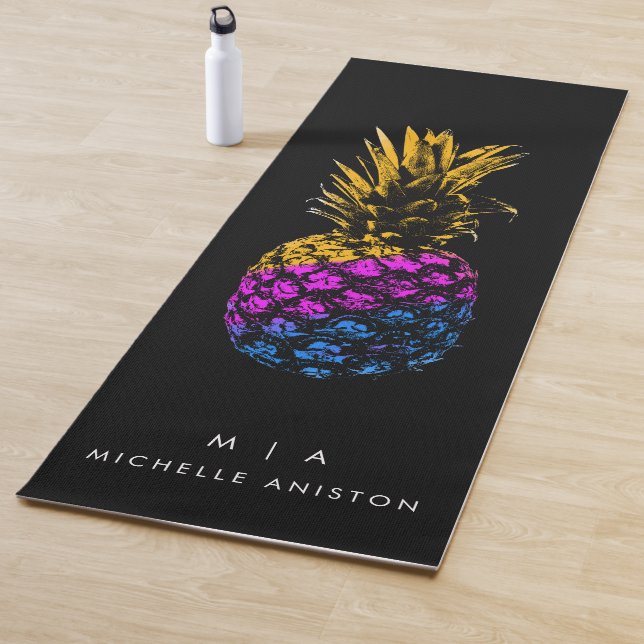 Elegant Pineapple Monogram Minimalist Custom black Yoga Mat (In Situ)