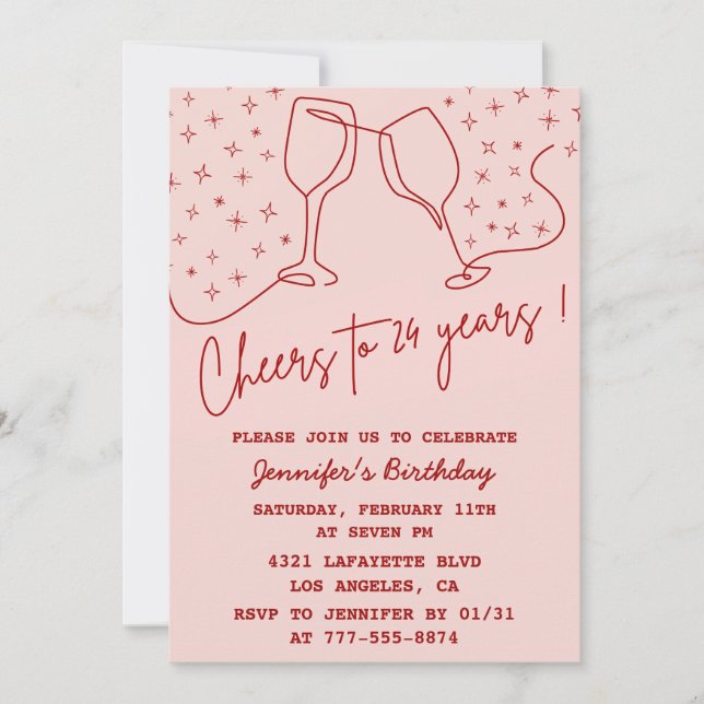 Elegant Pink 24th birthday invitations Cheers  (Front)