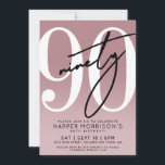 Elegant Pink 90th Birthday Party Invitation<br><div class="desc">Celebrate ninety years with this modern mauve pink 90th birthday party invitation. The background features a smooth mauve gradient that fades from dark at the top to light at the bottom. A large white "90" spans most of the card, giving the design a bold and clean focal point. Layered over...</div>