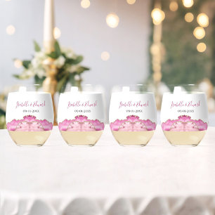 Elegant Pink Agate Stone Wedding Drinkware Set Stemless Wine Glass
