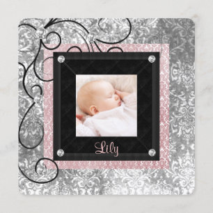 Elegant Pink and Black Baby Girl Photo Birth Announcement