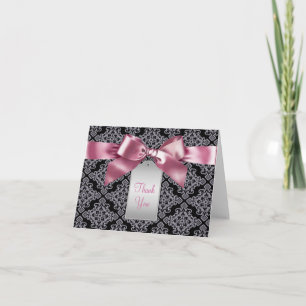 Elegant Pink and Black Damask Thank You Cards