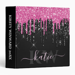 Elegant Pink and Black Dripping Glitter Monogram Binder