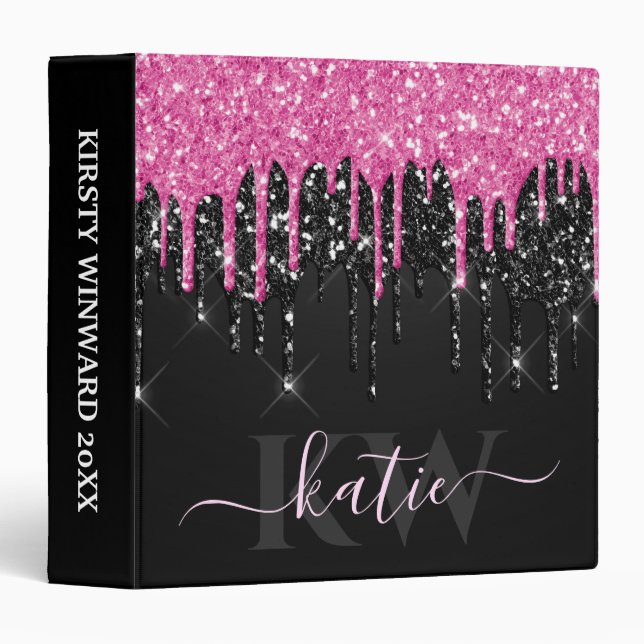 Elegant Pink and Black Dripping Glitter Monogram Binder (Front/Spine)