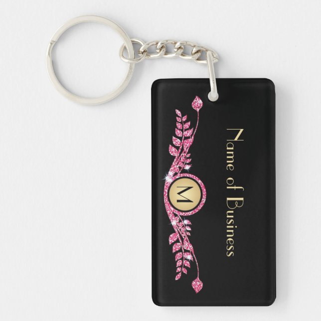 Elegant Pink and Black Faux Glitz Floral Monogram Keychain (Front)
