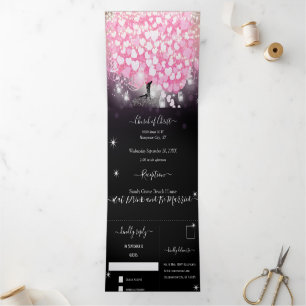 Elegant  Pink and Black Heart Leaf Wedding Tri-Fold Invitation