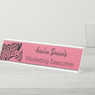 Elegant Pink and Black Jaguar Monogram Desk Namepl Name Plate