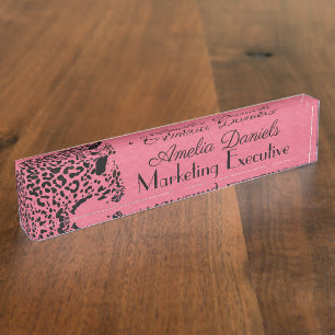 Elegant Pink and Black Jaguar Monogram Desk Nameplate