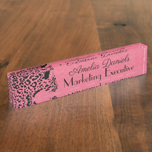 Elegant Pink and Black Jaguar Monogram Desk Nameplate (Side)