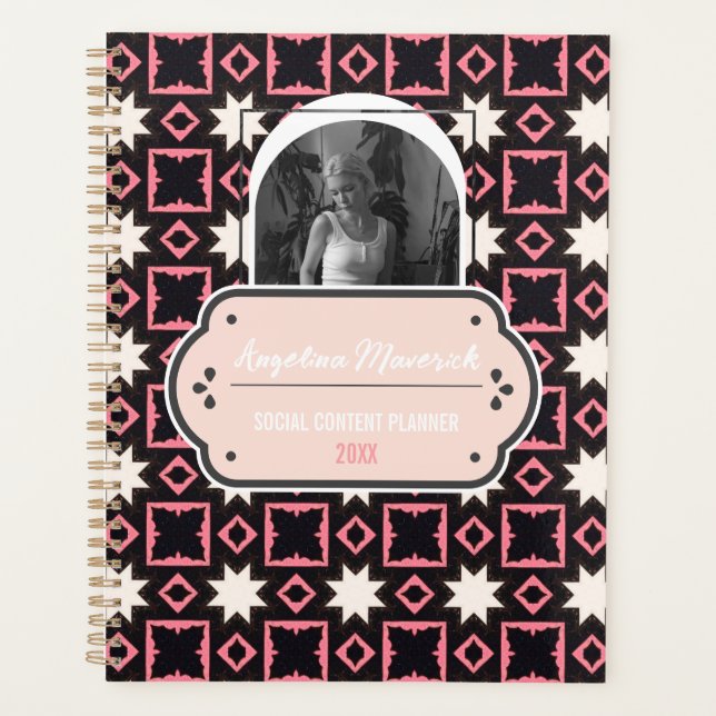 Elegant Pink and Black Pattern with Photo Social  Planner (Front)