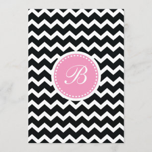 Elegant Pink and Black Retro Chevron Monogram Invitation
