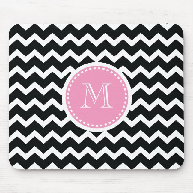 Elegant Pink and Black Retro Chevron Monogram Mouse Pad (Front)