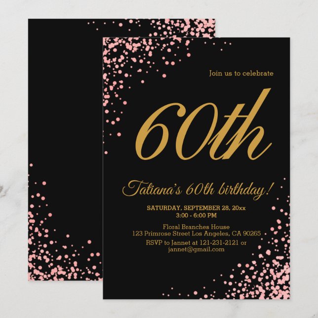 Elegant Pink and Black Rose Gold Glitter Birthday Invitation (Front/Back)