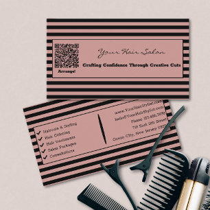 Elegant Pink and Black Striped Hair Salon QR Code Business Card