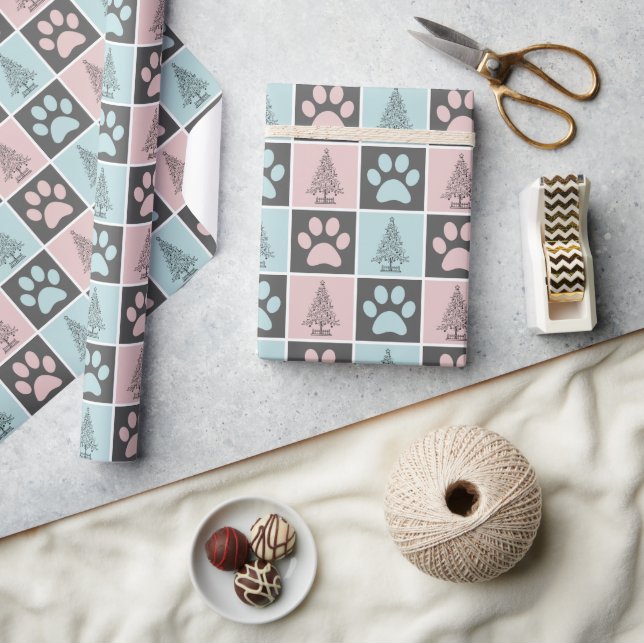 Elegant Pink and Blue Christmas Paw print Pattern  Wrapping Paper (Crafts)