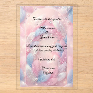 Elegant Pink and Blue Feathers with Pearls wedding Acrylic Invitations