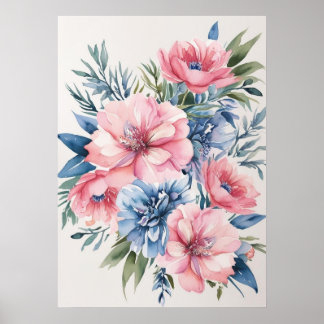 Elegant Pink and Blue Floral Art Poster
