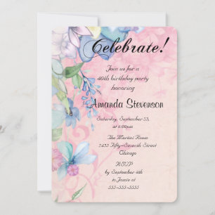 Elegant Pink and Blue Floral Wildflowers Birthday Invitation