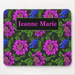 Elegant Pink And Blue Flower Black Background Mouse Pad