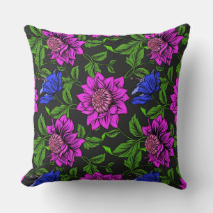 Elegant Pink And Blue Flower Black Background Throw Pillow