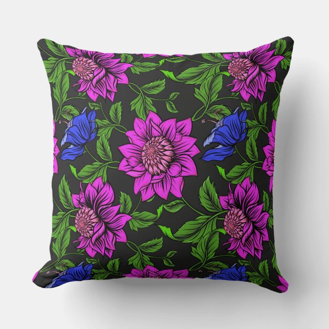 Elegant Pink And Blue Flower Black Background Throw Pillow (Front)