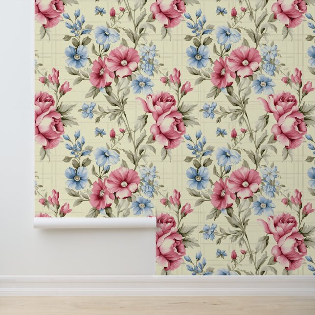 Elegant Pink and Blue Flowers Climbing a Trellis Wallpaper (Application)