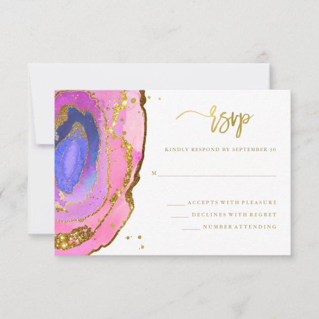 Elegant Pink and Blue Geode with Gold | Wedding RSVP Card (Front)