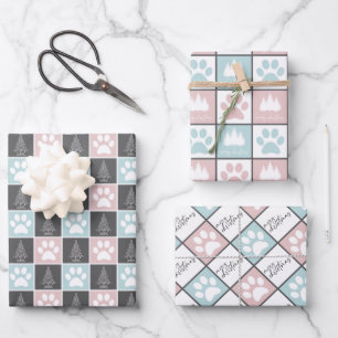 Elegant Pink and Blue Paw print Christmas pattern Wrapping Paper Sheet