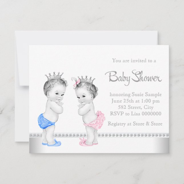 Elegant Pink and Blue Twins Baby Shower Invitation (Front)