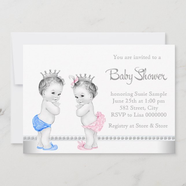Elegant Pink and Blue Twins Baby Shower Invitation (Front)