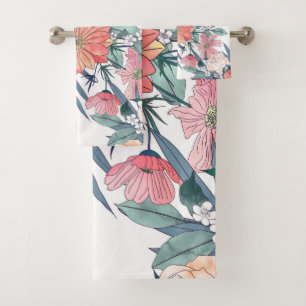 Elegant Pink and Blue Watercolor Floral Design Bath Towel Set