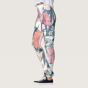 Elegant Pink and Blue Watercolor Floral Design Leggings