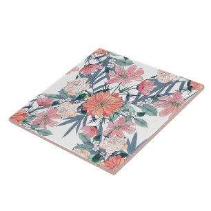 Elegant Pink and Blue Watercolor Floral Design Tile