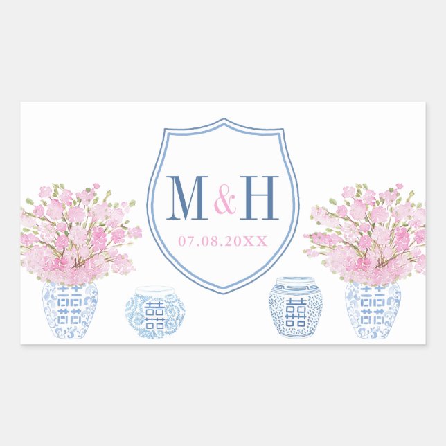 Elegant Pink And Blue Wedding Monogram Logo Favour Sticker (Front)