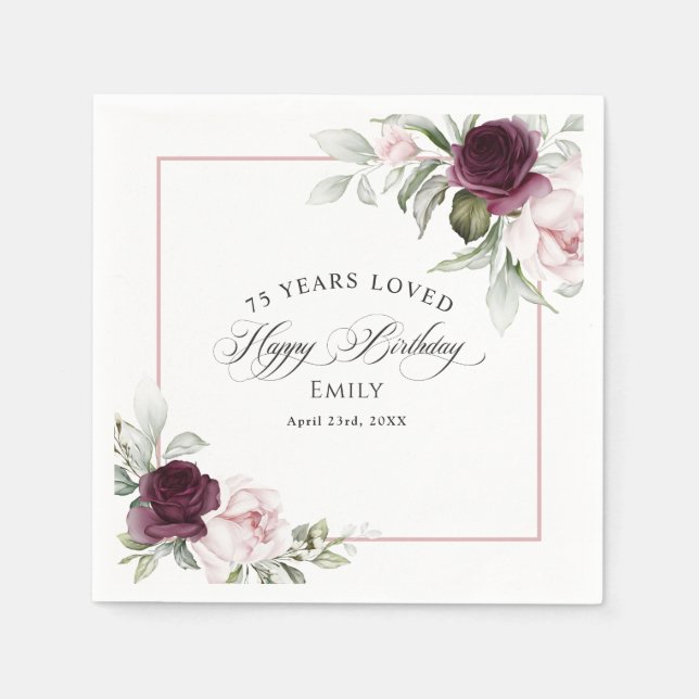 Elegant Pink and Burgundy Floral 75th Birthday Napkin (Front)