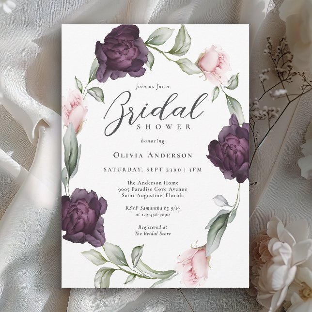 Elegant Pink and Burgundy Floral Bridal Shower Invitation (Available in both printed and instant download digital formats.)