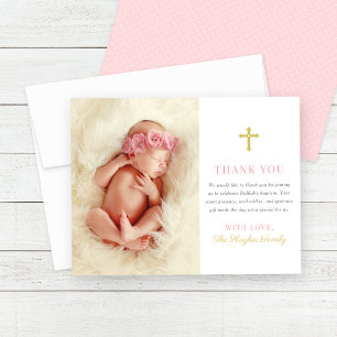 Elegant Pink and Gold Baby Girl Baptism Photo Thank You Card