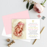 Elegant Pink and Gold Baby Girl Photo Baptism Invitation<br><div class="desc">This elegant baby girl baptism invitation design features a 3.5 x 5" baby photo with stylish pink,  gold,  and grey text that can be fully personalized for your event,  accented by a gold cross. A light pink background with white Swiss dots pattern dresses up the back of the card.</div>