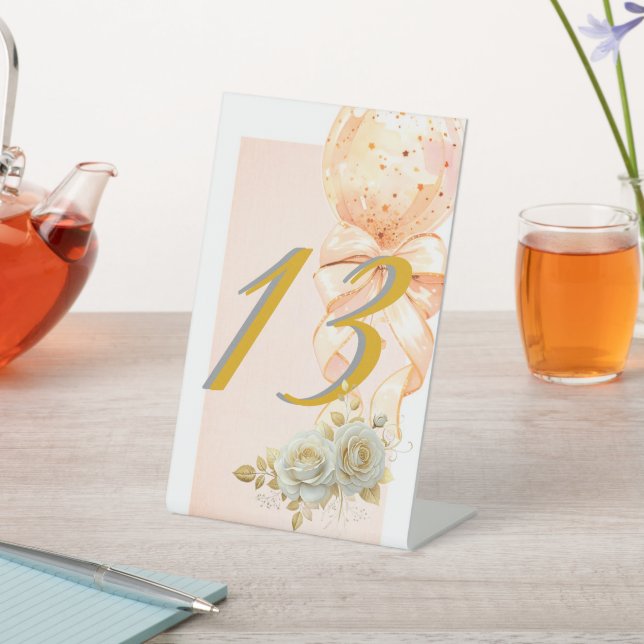 Elegant Pink and Gold Balloon Birthday Party Table Pedestal Sign (In SItu)