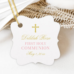 Elegant Pink and Gold First Communion Girl Favour Tags
