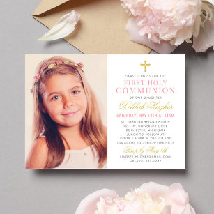 Elegant Pink and Gold First Communion Girl Photo Invitation