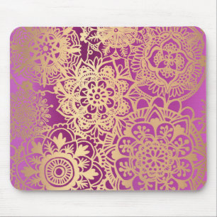 Elegant Pink and Gold Floral Mandala Pattern Mouse Pad
