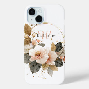 Elegant Pink and Gold Floral Wreath, Custom Name iPhone 15 Case