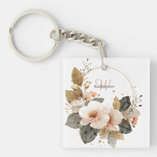 Elegant Pink and Gold Floral Wreath, Custom Name Keychain