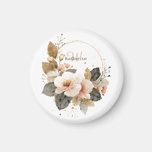 Elegant Pink and Gold Floral Wreath, Custom Name Magnet
