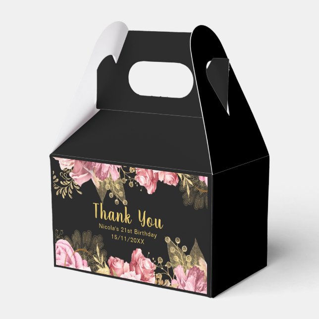 Elegant Pink and Gold Flowers Birthday Favor Box (Front Side)