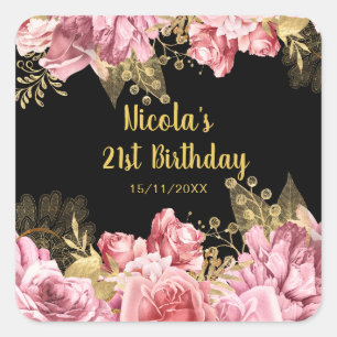 Elegant Pink and Gold Flowers Birthday Party Square Sticker