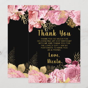 Elegant Pink and Gold Flowers Birthday Party Thank You Card