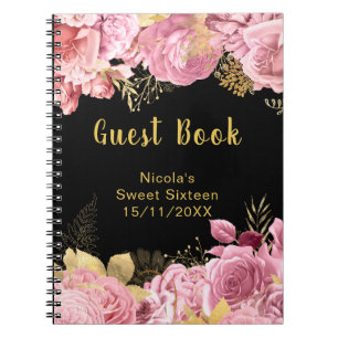 Elegant Pink and Gold Flowers Sweet Sixteen Notebook